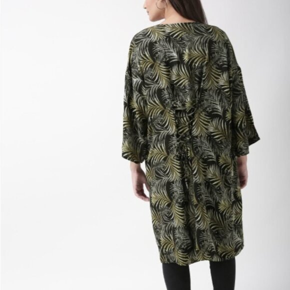 Forever 21 Leaf Jungle Tropic Open Front Lace Back Longline Duster Kimono SZ S - Picture 3 of 6